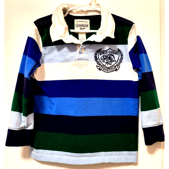 OshKosh Rugby Shirt Boys Size 5 Blue Green White Striped Long Sleeves Collared - Picture 1 of 7